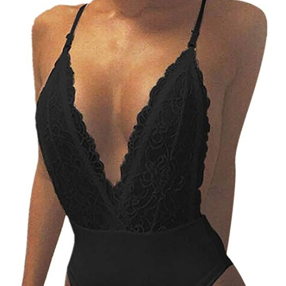 Women Bodysuits Lace Backless Plunge V Neck Strap